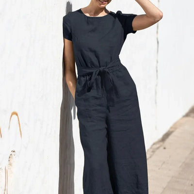 2025 Summer Short Sleeve Rompers Casual Loose Tighten Waist Solid Work Long Playsuit Elegant Women Jumpsuits Retro Overalls