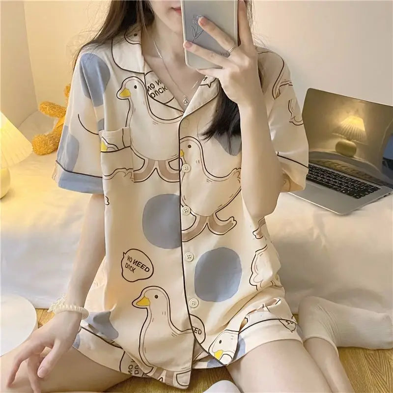 Women's Pajamas Loungewear Cartoon Goose Nightwear Homewear Ladies Tops and Pants V-Neck Sleepwear Comfortable and Breathable