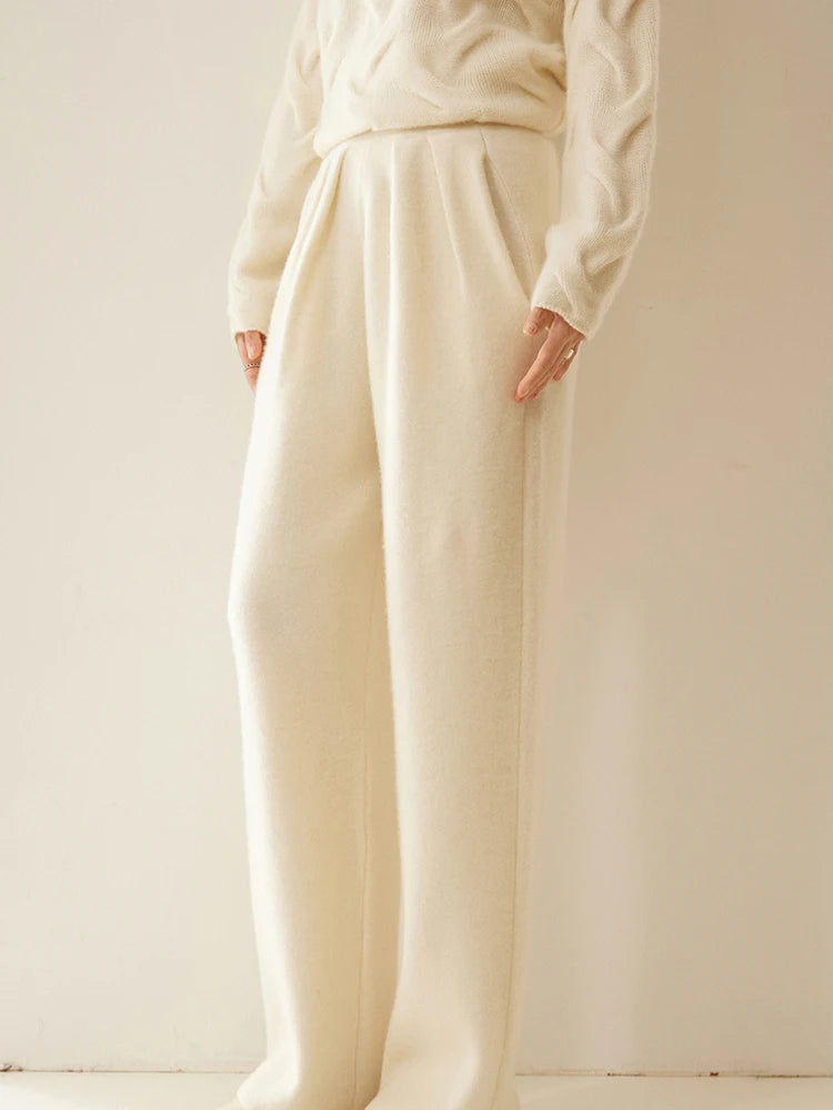 ADDONEE Women 100% Cashmere Pants Pleated Waist Wide Leg Pants Casual Simple Style Autumn Winter Cashmere Knit Trousers Luxury