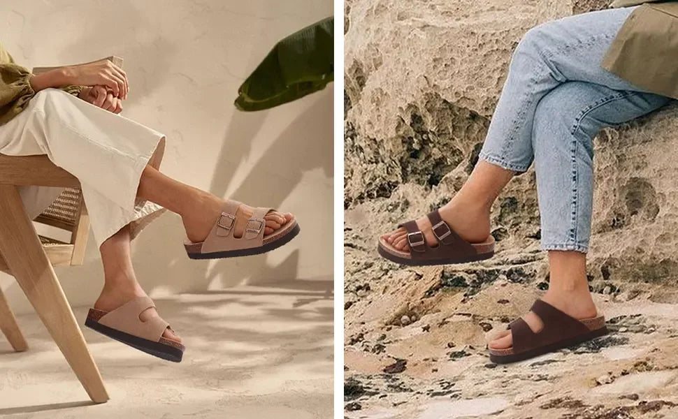Kidmi New Men Sandals Men Double Buckle Sandals Cork Suede Men Slippers Outdoor Beach Slide Sandals Casual Soft Nonslip Sandals
