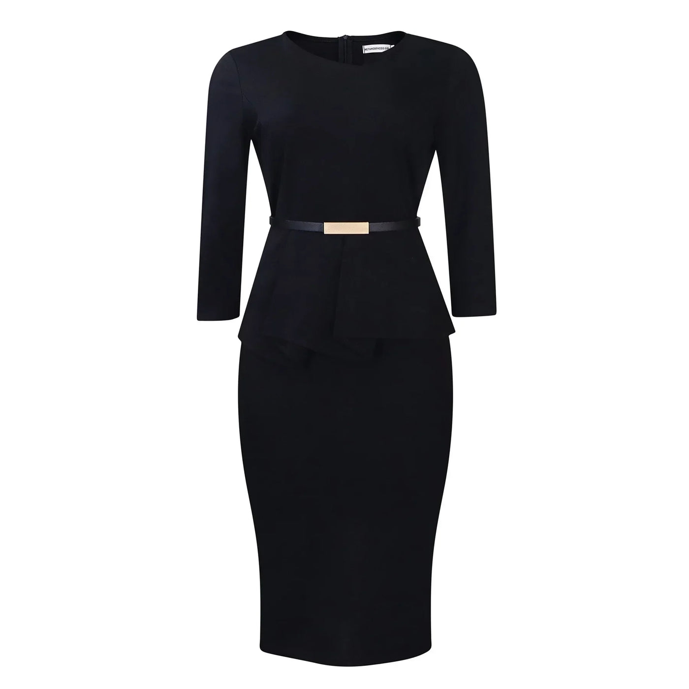 Dress Office Wear for Women Professional Skew Collar Three Quarter Sleeve Belt Waisted Sheath Package Hips Mid Calf Formal Dress