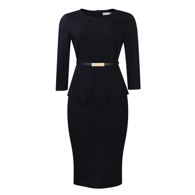 Dress Office Wear for Women Professional Skew Collar Three Quarter Sleeve Belt Waisted Sheath Package Hips Mid Calf Formal Dress