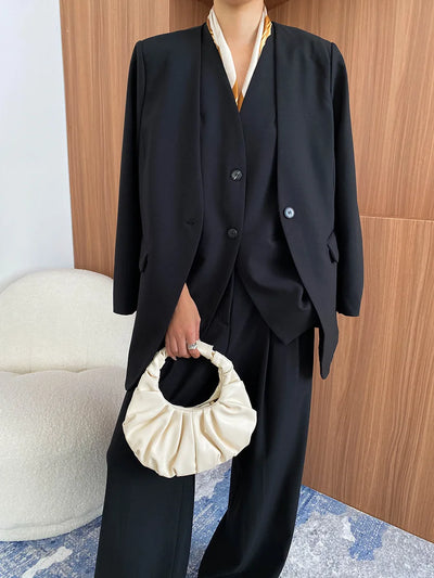 Spring and Autumn Women's Casual Solid Color Loose Jacket+V-neck Vest+Wide Leg Pants Set