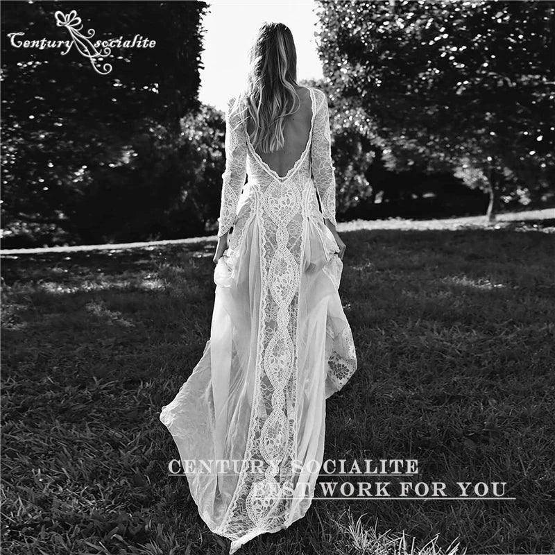 Boho Wedding Dresses 2025 Long Sleeve Backless Lace Appliques Chiffon Sheath Bohemian Bridal Gowns Beach Bride Dress Customized