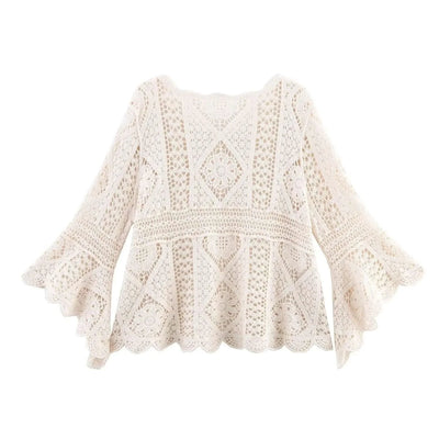 Summer Bohemian Women Loose DRESS Suits Hook Flower Hollow Out Bat Sleeve Shirt+Tassels Drawstring Bodycon Skirt Vacation Sets