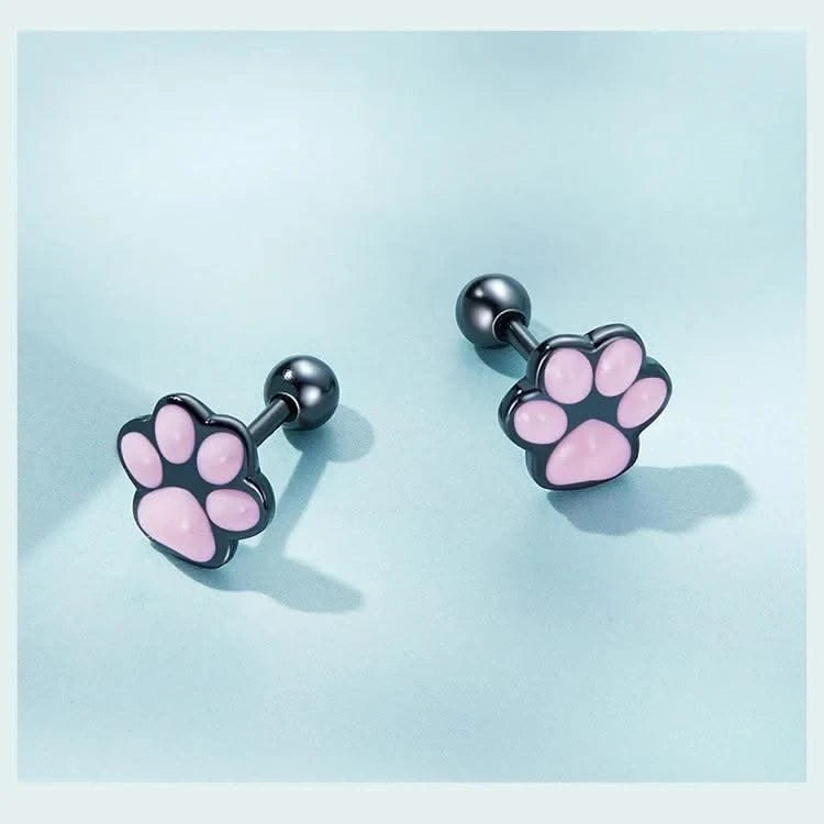WOSTU Real 925 Sterling Silver Cat Ear Hoop Earrings For Women Lovely Pink Cute Pet Paw Studs Clips Girl Unique Jewelry Gift