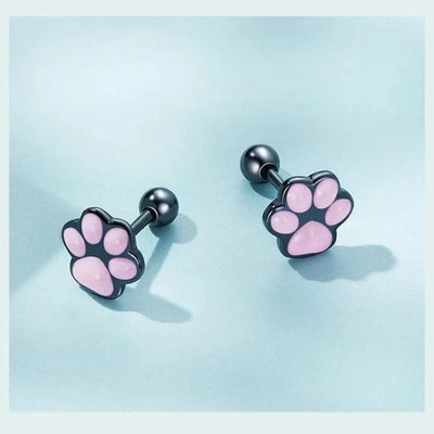 WOSTU Real 925 Sterling Silver Cat Ear Hoop Earrings For Women Lovely Pink Cute Pet Paw Studs Clips Girl Unique Jewelry Gift