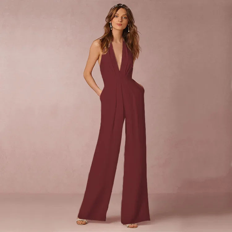 Jumpsuits Women Sexy Playsuits Deep V-neck Sleeveless Halter Neck Backless High Waist Wide Leg Jumpsuit Elegant Party Banquet