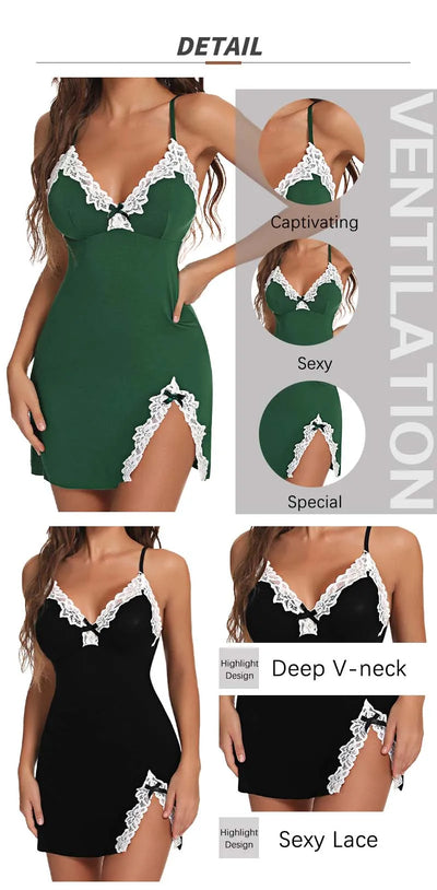 Sexy Sleepwear Women Lace Silk Satin V-Neck Nightgown Split Hem Soft Lingerie Night Dress Sleeveless Sleepwear Female Clothes