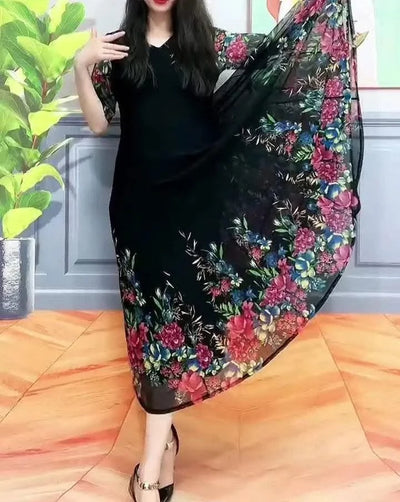 Women's Clothing Stylish Floral Printed Long Dress Summer Short Sleeve Casual Gauze Spliced Elegant V-Neck A-Line Waist Dresses