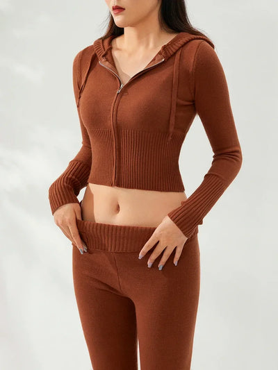 Women Tracksuit  Knit Lounge Set Long Sleeve Zip Up Hoodie with High Waist Wide Leg Pant 2 Piece Sweater Ensemble Casual Set