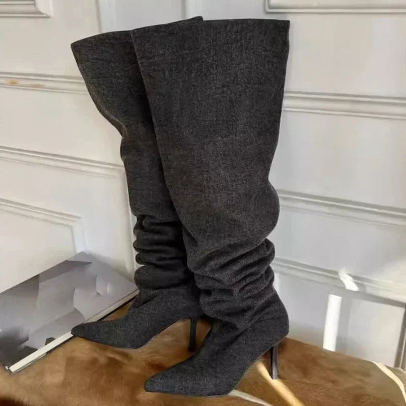 2024 Style Fashion Pointed Toe Boots Pleated Over-the-Knee Boots Women’s Wide Cowboy Boots for Women