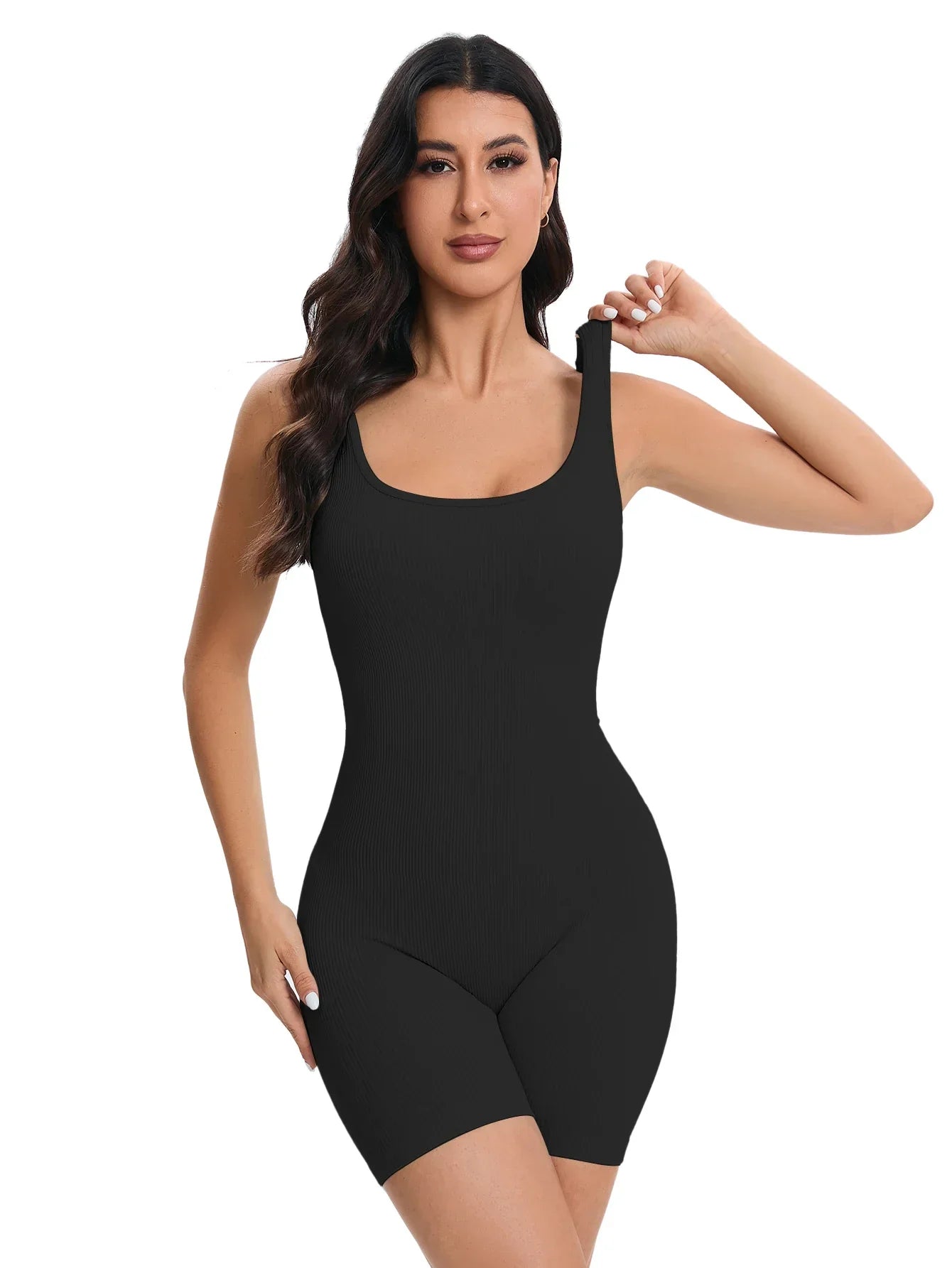 Women Yoga Romper Workout Ribbed Square Neck One Piece Seamless Tank Top Jumpsuit