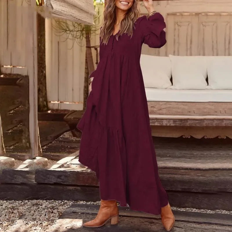 Women's Dress 2025 Spring and Summer Women's Button Cotton and Linen Retro Casual Long Sleeve Dress Large Hem Long Skirt