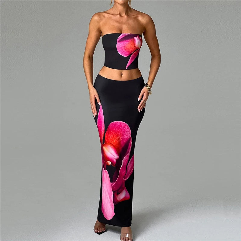 Women Summer 2 Piece Outfits Floral Print Tube Tops and Elastic Bodycon Long Skirt Set for Streetwear Aesthetic Clothes