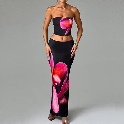 Women Summer 2 Piece Outfits Floral Print Tube Tops and Elastic Bodycon Long Skirt Set for Streetwear Aesthetic Clothes