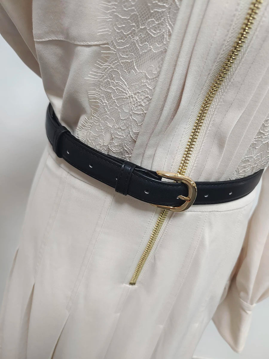 VGH Designer Slimming Hit Color Spliced Belt Long Dresses For Women Lapel Long Sleeve High Waist Temperament Dress Female New
