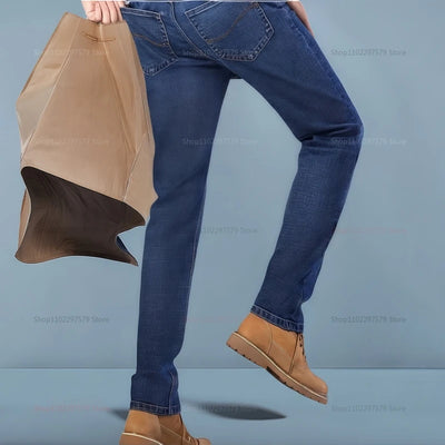 Men’s Denim Pants Spring Casual Business Straight Fit Loose Elastic Waist  Stylish Comfortable Pants for Work and Casual Wear