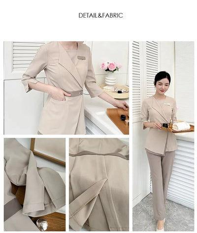 Women's Khaki SPA Uniform Set 2025 Spring/Autumn New Style Beauty Salon Front Desk Workwear Top And Pants Company Wholesale