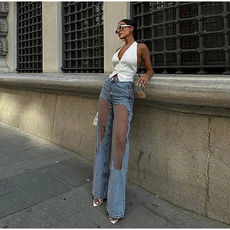 Women Fashion See Trough Jeans Y2k Pockets Pants Vintage Mesh Hollow Sheer High Waist Trousers Girls Straight Wide Leg Bottoms