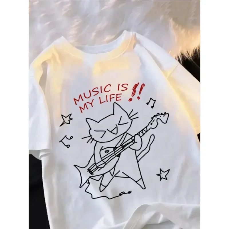 Music Is My Life "cat Pattern T-shirt Breathable Moisture Absorbing Comfortable Street Round Neck Women's T-shirt Cute