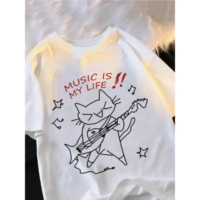 Music Is My Life "cat Pattern T-shirt Breathable Moisture Absorbing Comfortable Street Round Neck Women's T-shirt Cute