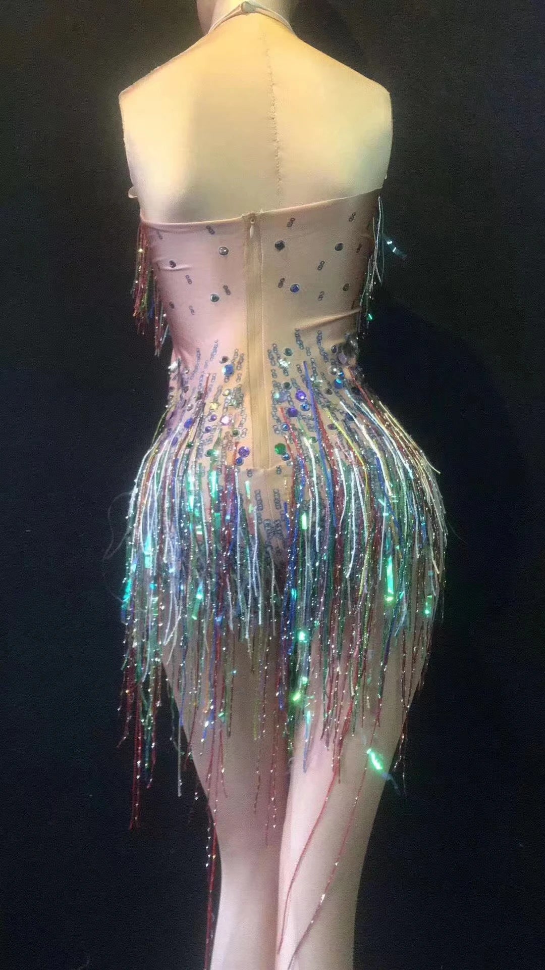 Women Sexy Waist Hollow Bodysuit Colorful Tassel Rhinestone Jumpsuits Holiday Party Dress Ds Dj Nightclub Bar Singer Dance Dress