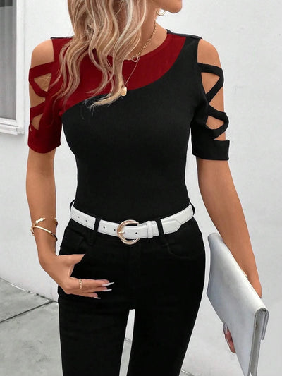 Women's Blouses T-shirt Summer New Colour Block Cross Off Shoulder