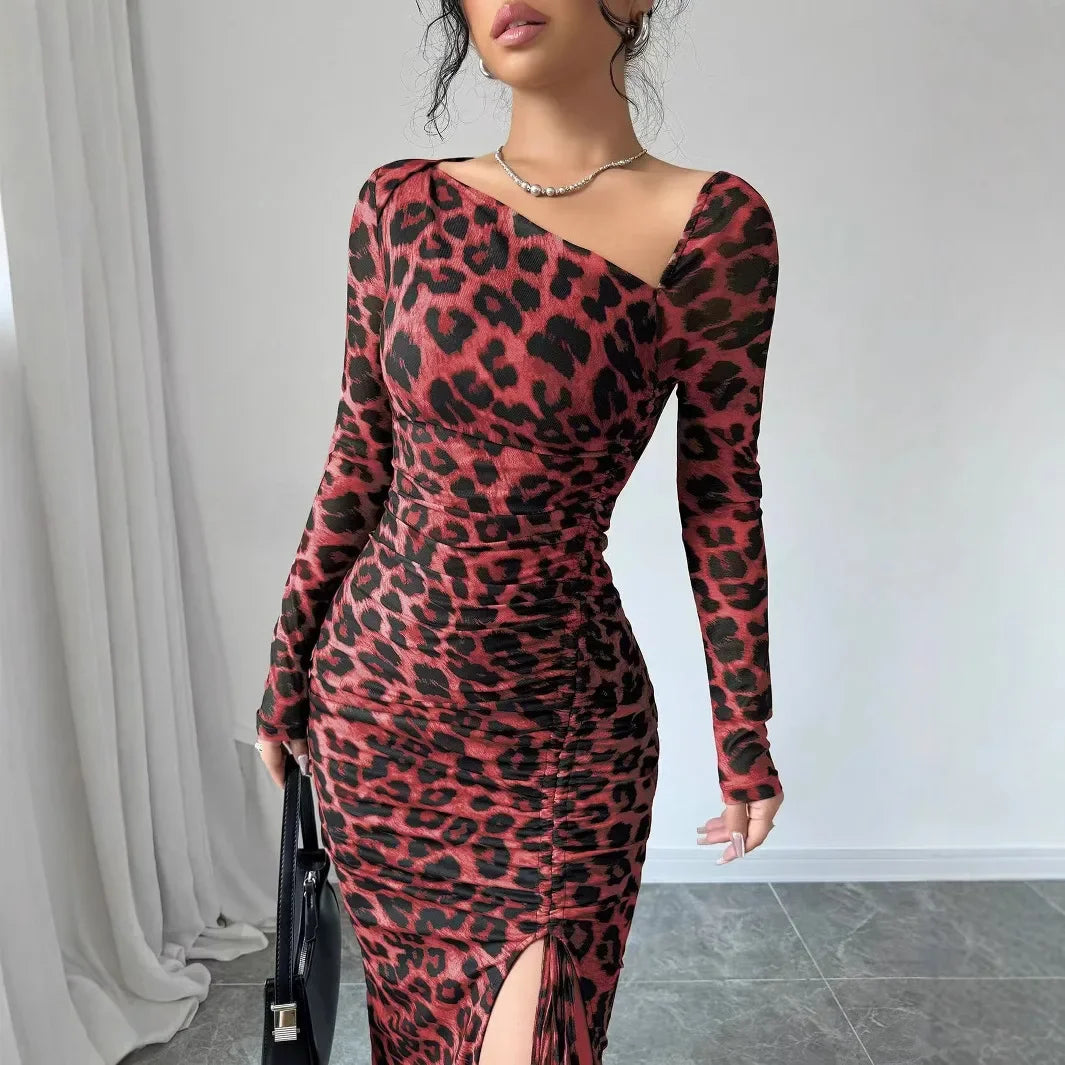 Sexy Leopard Print Women's Dresses Fashion Ruffled Sexy Slit Party Dress For Women Spring Summer  Bodycon Package hip Vestidos