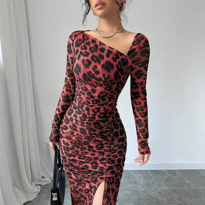 Sexy Leopard Print Women's Dresses Fashion Ruffled Sexy Slit Party Dress For Women Spring Summer  Bodycon Package hip Vestidos