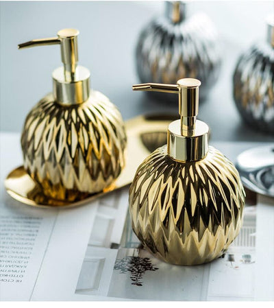 Luxury Gold Soap Dispenser with Press handle  Ceramic Dispenser Silver Dispenser with stainless steel Tray Bathroom Accessory