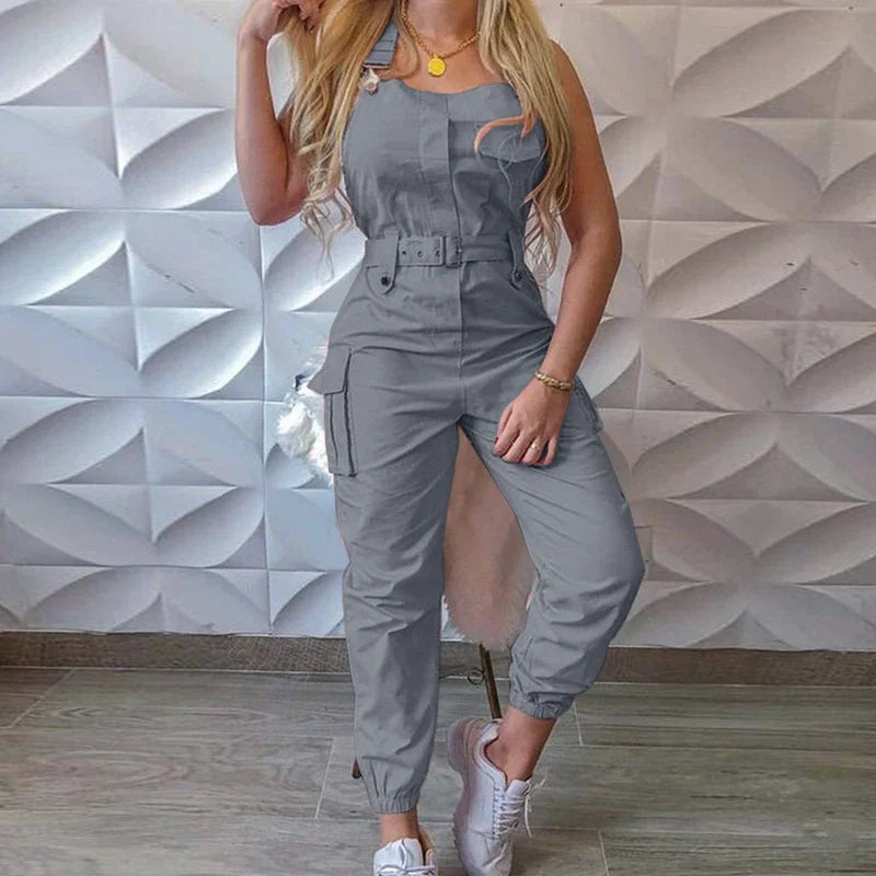 Women's Workwear Jumpsuits Summer Casual Simple Sleeveless Strap High Waist with Belt Fashion Solid Female Bound Feet Jumpsuits