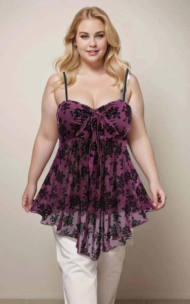 ROSEGAL Plus Size Gothic Camis Top for Women, Floral Mesh, Flocking Bowknot, Tied Asymmetric Top, Adjustable Shoulder Strap Vest