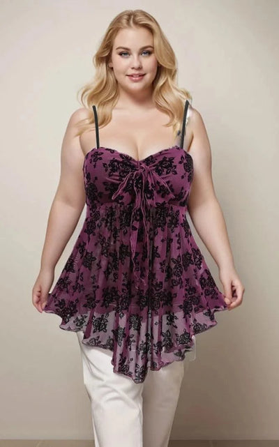 ROSEGAL Plus Size Gothic Camis Top for Women, Floral Mesh, Flocking Bowknot, Tied Asymmetric Top, Adjustable Shoulder Strap Vest