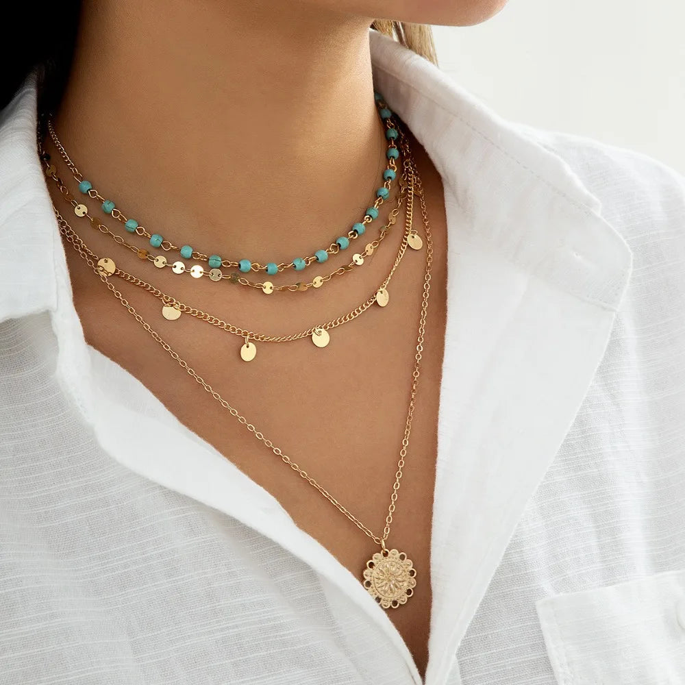 Seulement Gold Plated Layering Necklaces for Women Bohemian Style Turquoise Curb Link Tassels Chain Circle Pendants for Women