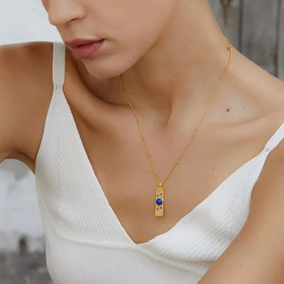 Lapis Lazuli CZ 925 Silver Gold Plated Hammered Bar Pendant Necklace Women Blue Stone Geometric Trendy Dainty Luxury Necklaces