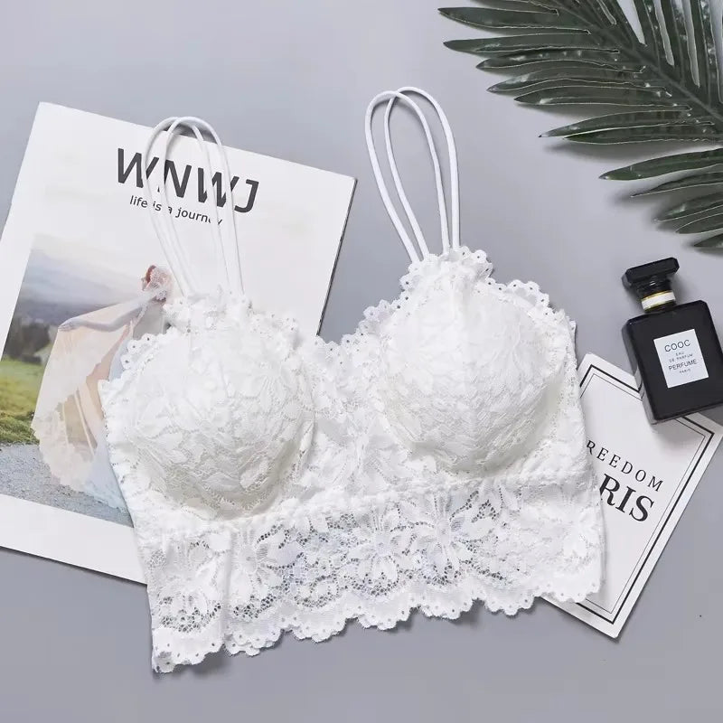 Women's Lace Bra Sexy Hollow Out Flower Underwear Bralette Wireless Push Up Breathable Strap Padded Vest Lingerie