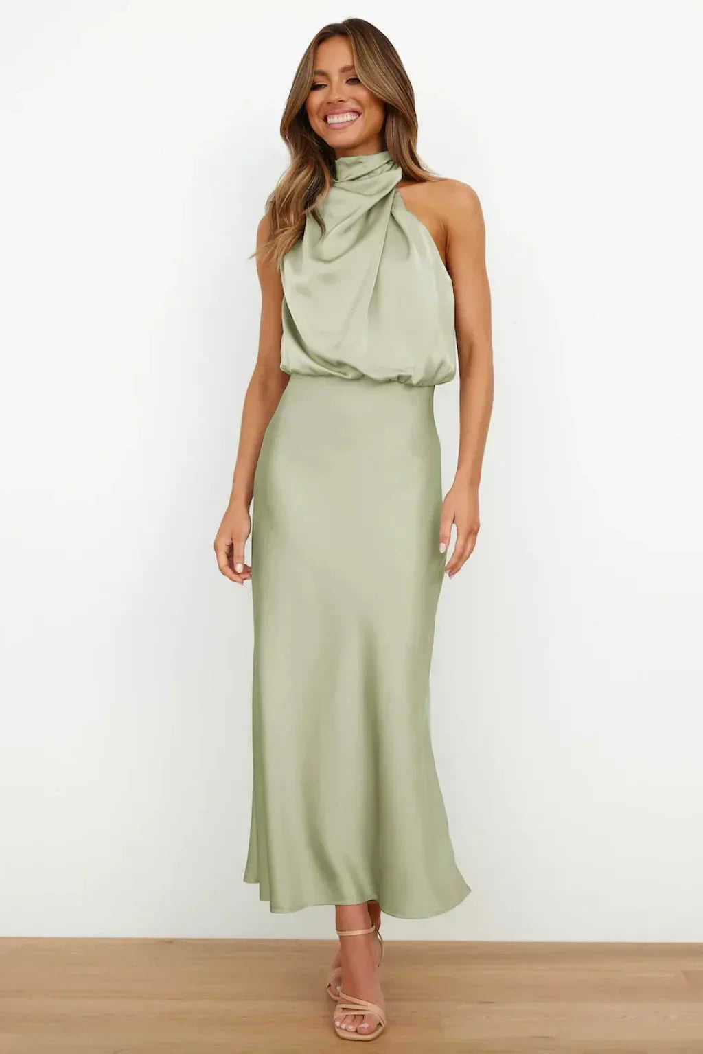 2025 Spring/Summer Long Dress for Women High Waist Halter Satin Sleeveless Dress Fashion Elegant Solid Evening Party Dresses