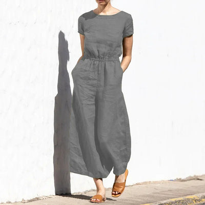 2025 Summer Short Sleeve Rompers Casual Loose Tighten Waist Solid Work Long Playsuit Elegant Women Jumpsuits Retro Overalls