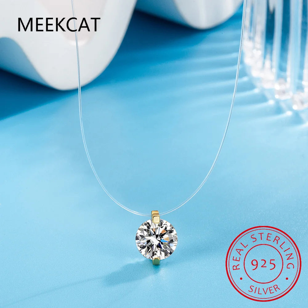 8mm Moissanite Pendant 925 Silver Solitaire Necklace for Women Invisible Fish Line Chain Jewelry Choker Valentine's Gift 2025
