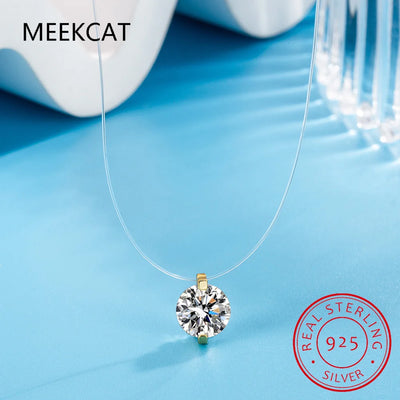 8mm Moissanite Pendant 925 Silver Solitaire Necklace for Women Invisible Fish Line Chain Jewelry Choker Valentine's Gift 2025