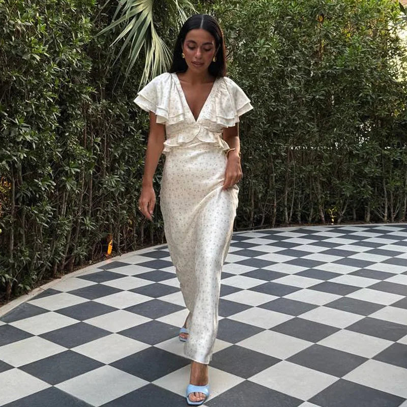 Womens Dresses 2025 Summer New Woman Clothing V Collar Ruffles Sleeve High Waist Long One-piece Dress Gown