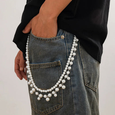 IngeSight.Z Men Hip Hop Multilayer Imitation Pearl Jeans Pants Keychain Chain Women Trousers Hipster Pant Chain Party Decoration