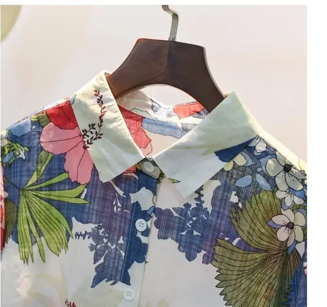 Spring Autumn Cotton Linen Casual Fashion Floral Print Shirt Ladies Loose All-match Sweet Blouse Femme Comfortable Top Women