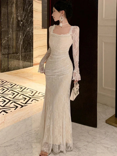 Women Korean Fashion Chic Luxury Evening Dress Autumn Winter White Lace Diamond Square Collar Dress 2025 Elegant Mermaid Dresses