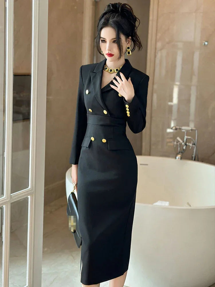 Fashion Elegant Midi Dress Women's Professional Business Style Long Sleeve Double Breasted Slit Robe Office Lady Work Vestidos