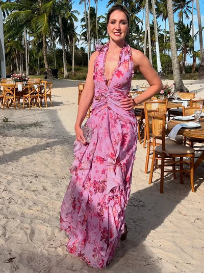 Bohemian Ruffle Long Dress for Women – Pink Floral Halter Neck Evening Gown – Elegant Vacation & Wedding Guest Dresses
