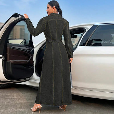 Denim Dress Women Long Dresses Spring Turn Down Collar Elegant Work Splice Vestidos Single Breasted A Line Y2k Tops Streetwear