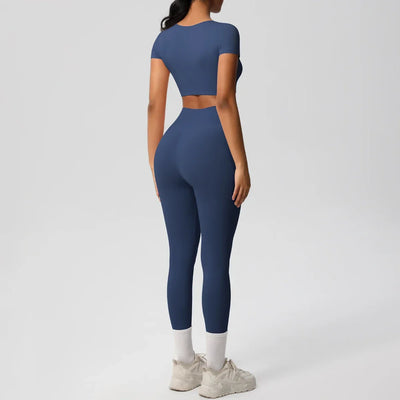 Yoga Set 2 Pieces Women Tracksuits Workout Sportswear Gym Clothing Fitness Short Sleeve With Padded High Waist Leggings Suits