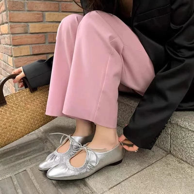 Women Ballet Leather Narrow Band Flat Shoes  Bling Silver,  Gold Footwear